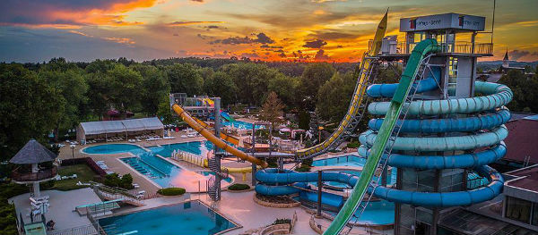 The leisure pool at Terme 3000 Campsite Moravske Toplice Spa at sunset