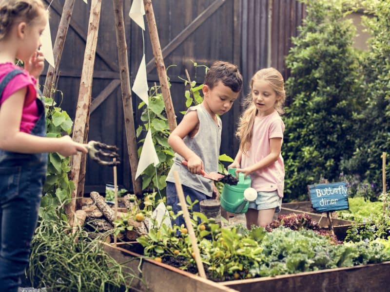 Jongen en meisje spelen in de moestuin