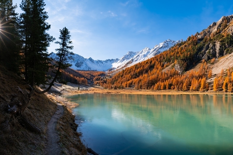 uitzicht op een alpenmeer, besneewde bergen en bomen met herfstkleuren