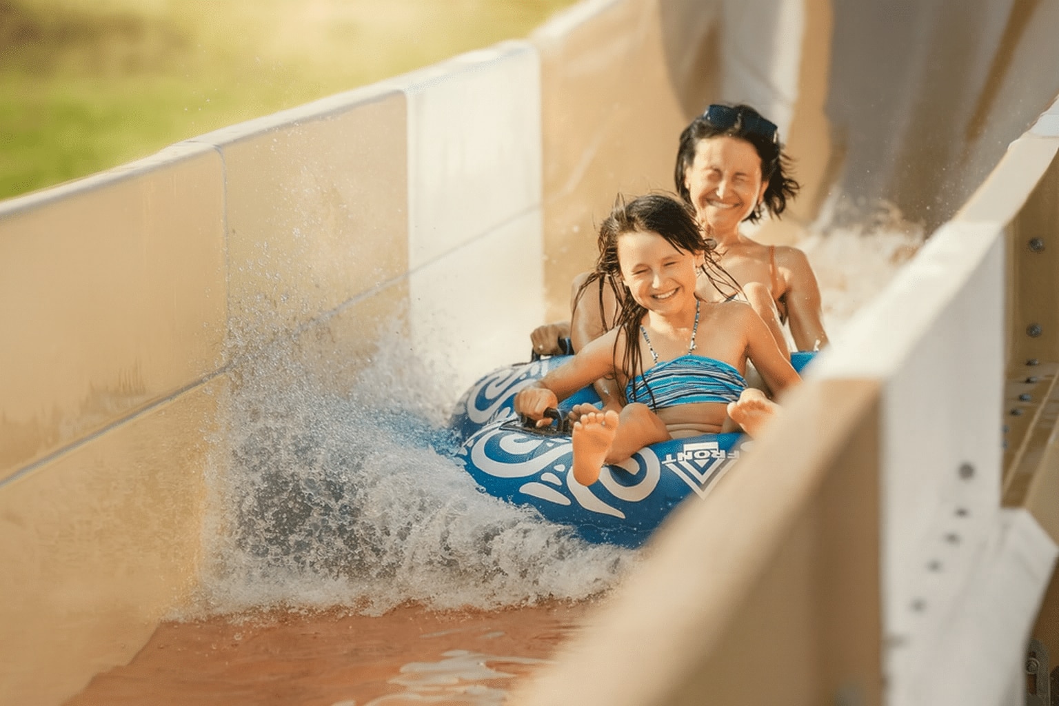 moeder en dochter glijden samen van een waterglijbaan