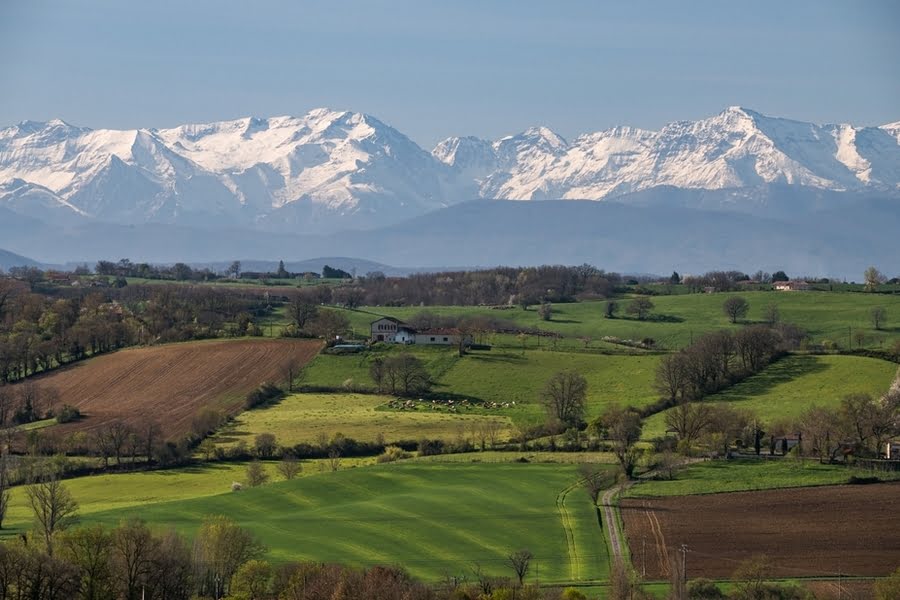 platteland met besneeuwde bergtoppen op de achtergrond